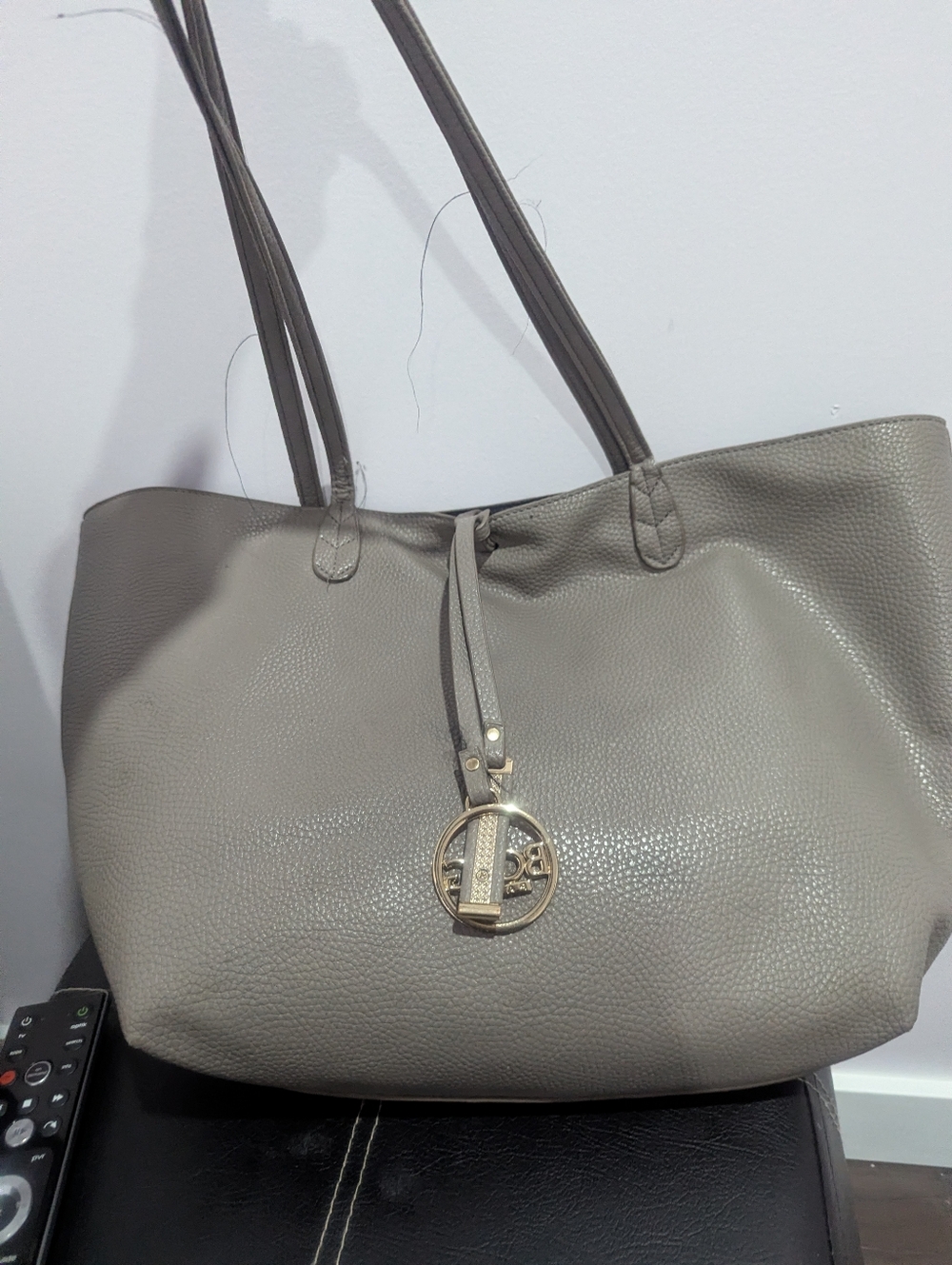 Women's Taupe Pebbled Tote Bag with Gold Accent